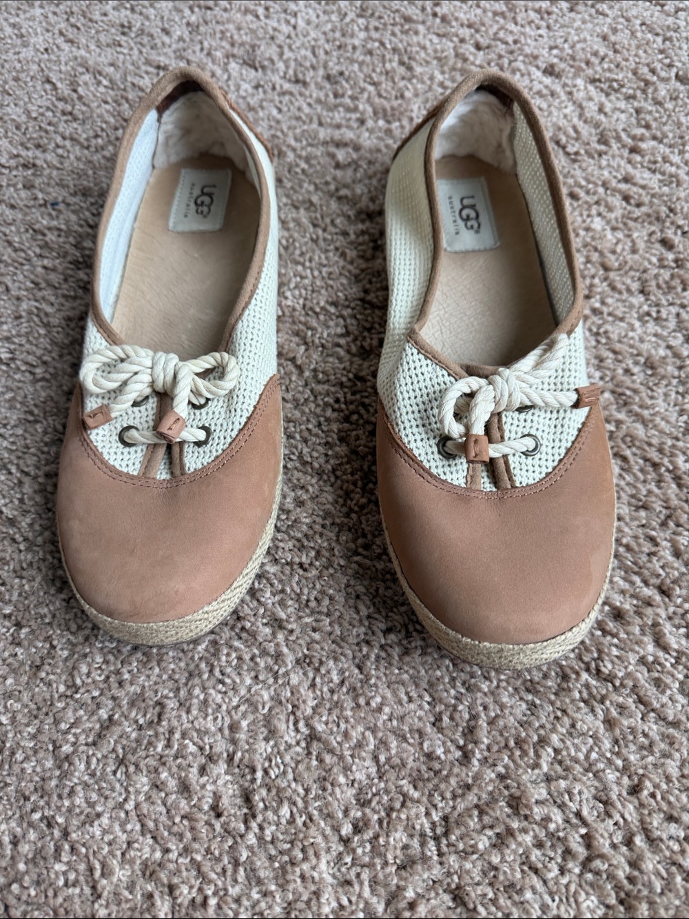UGG Catrin Tan Espadrille Brown and Cream Slip-On Lace Loafers Size 9